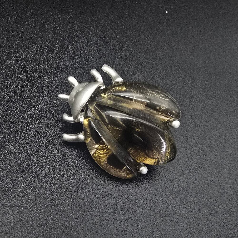 Gray Brown Lucite Bug Brooch Beetle Insect Jewelry Vintage Costume Jewelry